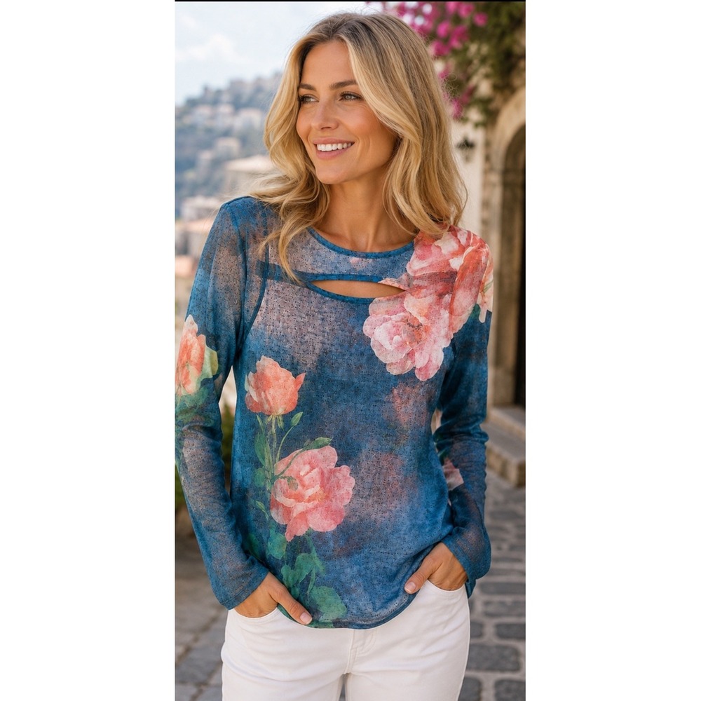 Soft Surroundings Small Evening Promrose Knit‎ Floral Tunic Top Long Sleeve Peep